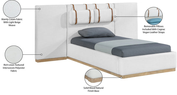 Meridian Furniture Bennet Upholstered Twin Bed with Wing Panels and Leather Strap Accents for Modern Bedroom Decor 92 inches BennetCream-T92