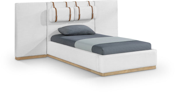 Meridian Furniture Bennet Upholstered Twin Bed with Wing Panels and Leather Strap Accents for Modern Bedroom Decor 92 inches BennetCream-T92