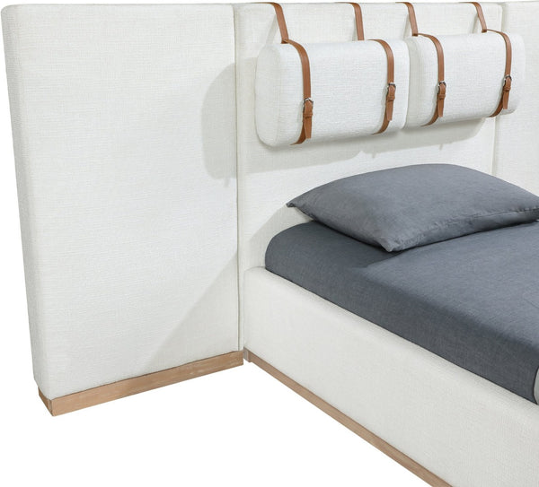 Meridian Furniture Bennet Upholstered Twin Bed with Wing Panels and Leather Strap Accents for Modern Bedroom Decor 92 inches BennetCream-T92