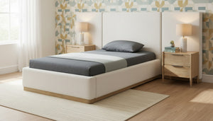 Meridian Furniture Bennet Upholstered Twin Bed with Wing Panels and Leather Strap Accents for Modern Bedroom Decor 92 inches BennetCream-T92