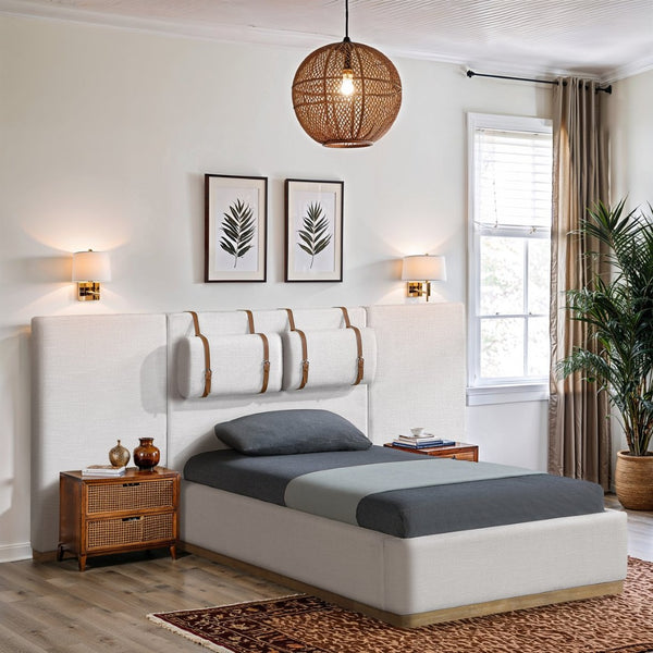 Meridian Furniture Bennet Upholstered Twin Bed with Wing Panels and Leather Strap Accents for Modern Bedroom Decor 92 inches BennetCream-T92