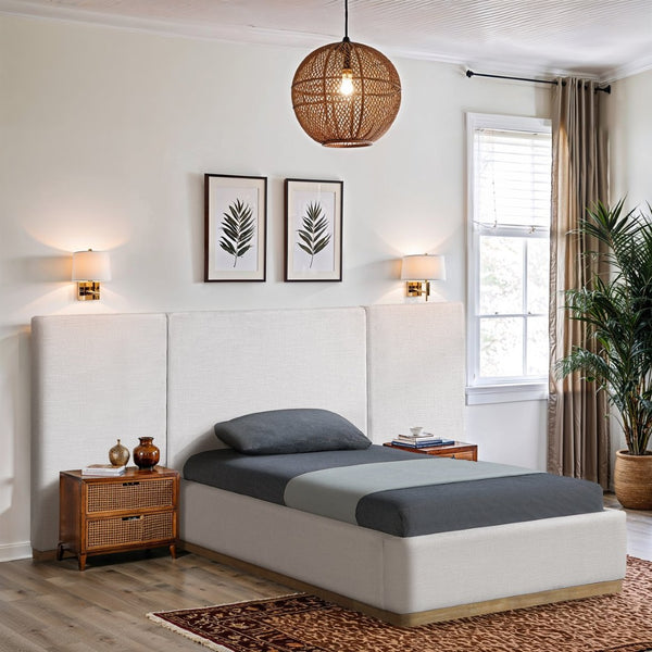 Meridian Furniture Bennet Upholstered Twin Bed with Wing Panels and Leather Strap Accents for Modern Bedroom Decor 92 inches BennetCream-T92