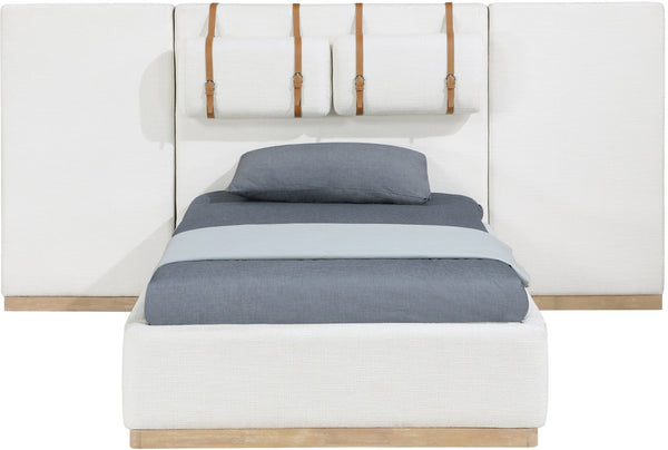 Meridian Furniture Bennet Upholstered Twin Bed with Wing Panels and Leather Strap Accents for Modern Bedroom Decor 92 inches BennetCream-T92