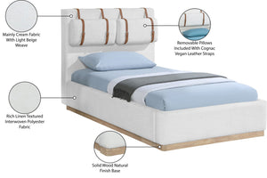 Meridian Furniture Bennet Upholstered Twin Bed with Wing Panels and Leather Strap Accents for Modern Bedroom Decor 44 inches BennetCream-T