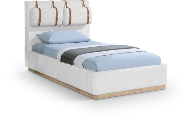 Meridian Furniture Bennet Upholstered Twin Bed with Wing Panels and Leather Strap Accents for Modern Bedroom Decor 44 inches BennetCream-T