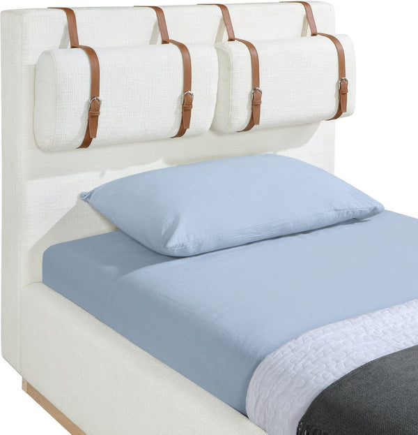 Meridian Furniture Bennet Upholstered Twin Bed with Wing Panels and Leather Strap Accents for Modern Bedroom Decor 44 inches BennetCream-T