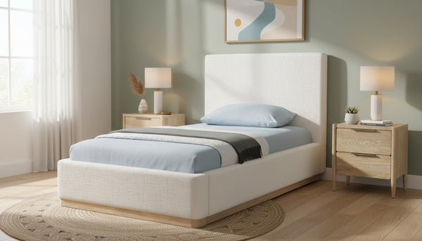 Meridian Furniture Bennet Upholstered Twin Bed with Wing Panels and Leather Strap Accents for Modern Bedroom Decor 44 inches BennetCream-T
