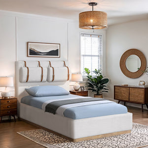 Meridian Furniture Bennet Upholstered Twin Bed with Wing Panels and Leather Strap Accents for Modern Bedroom Decor 44 inches BennetCream-T