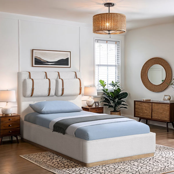Meridian Furniture Bennet Upholstered Twin Bed with Wing Panels and Leather Strap Accents for Modern Bedroom Decor 44 inches BennetCream-T