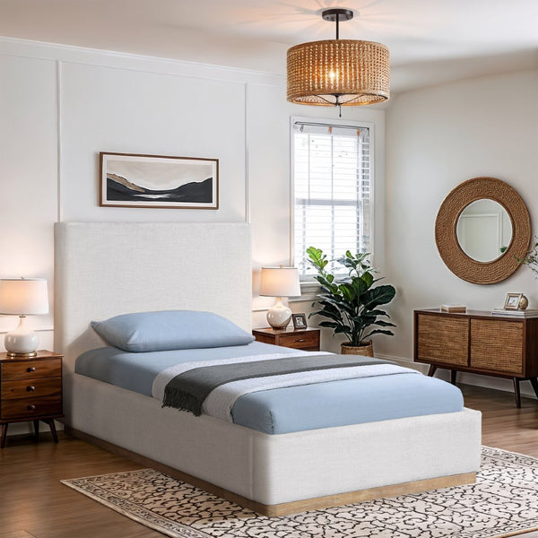 Meridian Furniture Bennet Upholstered Twin Bed with Wing Panels and Leather Strap Accents for Modern Bedroom Decor 44 inches BennetCream-T