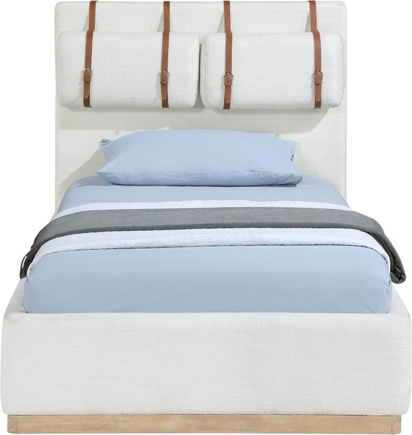 Meridian Furniture Bennet Upholstered Twin Bed with Wing Panels and Leather Strap Accents for Modern Bedroom Decor 44 inches BennetCream-T