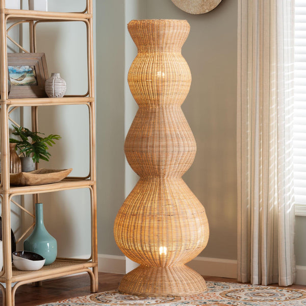 Bali & Pari Blanche Handcrafted Rattan Floor Lamp Bohemian Sculptural Woven Ambient Light