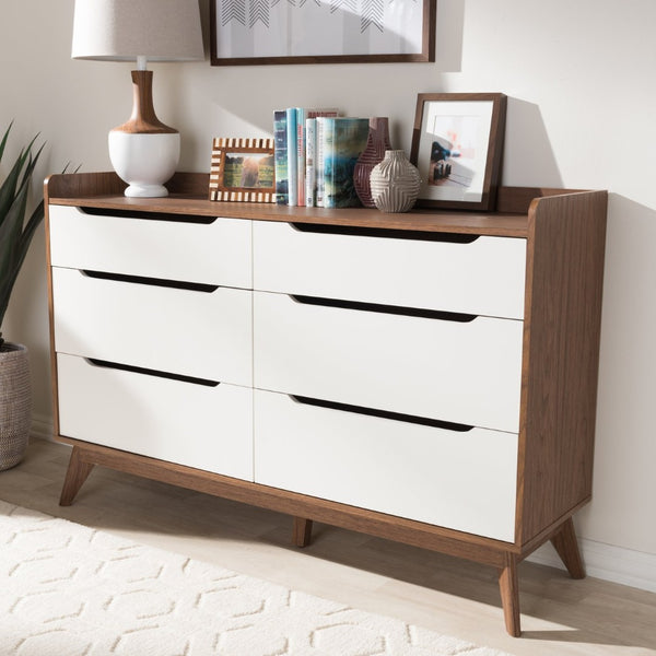 Baxton Studio Baxton Studio Brighton Mid-Century Dresser - Stylish White & Walnut 6-Drawer Storage Solution Brighton-Walnut/White-6DW-Chest