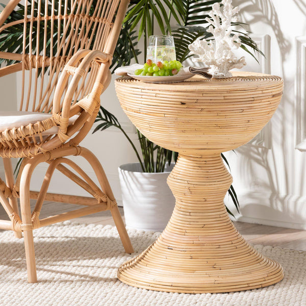 Baxton Studio Bali & Pari Brookwood Handcrafted Rattan Round Accent Table Bohemian Sculptural Living Room Brookwood-Natural Rattan-ET