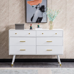 English Elm 55.9 Inch White MDF Six Drawer Dresser with Gold Hardware and Tapered Legs for Bedroom C5863P554009