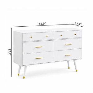 English Elm 55.9 Inch White MDF Six Drawer Dresser with Gold Hardware and Tapered Legs for Bedroom C5863P554009