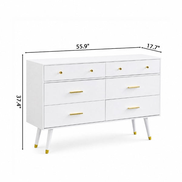 English Elm 55.9 Inch White MDF Six Drawer Dresser with Gold Hardware and Tapered Legs for Bedroom C5863P554009