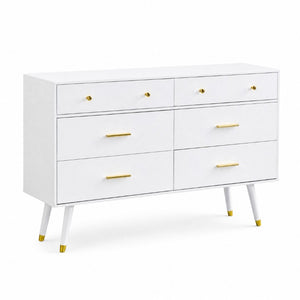 English Elm 55.9 Inch White MDF Six Drawer Dresser with Gold Hardware and Tapered Legs for Bedroom C5863P554009
