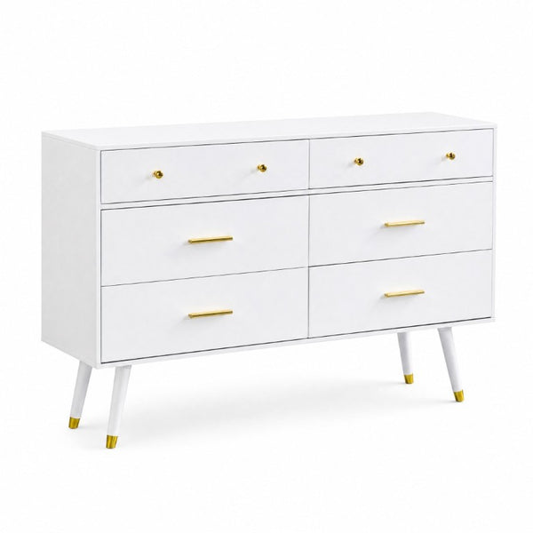English Elm 55.9 Inch White MDF Six Drawer Dresser with Gold Hardware and Tapered Legs for Bedroom C5863P554009