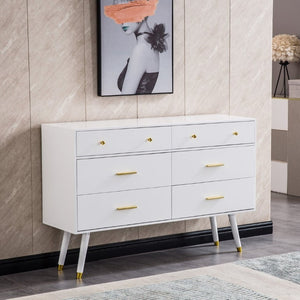 English Elm 55.9 Inch White MDF Six Drawer Dresser with Gold Hardware and Tapered Legs for Bedroom C5863P554009