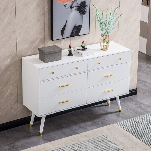 English Elm 55.9 Inch White MDF Six Drawer Dresser with Gold Hardware and Tapered Legs for Bedroom C5863P554009