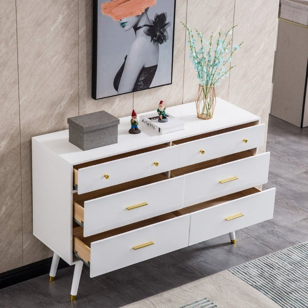 English Elm 55.9 Inch White MDF Six Drawer Dresser with Gold Hardware and Tapered Legs for Bedroom C5863P554009