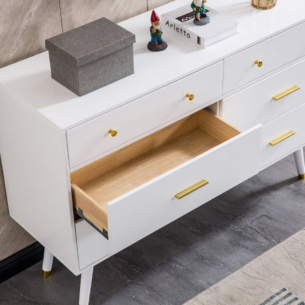 English Elm 55.9 Inch White MDF Six Drawer Dresser with Gold Hardware and Tapered Legs for Bedroom C5863P554009