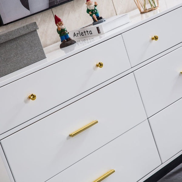 English Elm 55.9 Inch White MDF Six Drawer Dresser with Gold Hardware and Tapered Legs for Bedroom C5863P554009