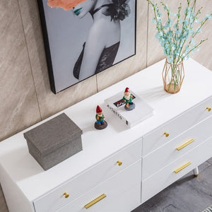 English Elm 55.9 Inch White MDF Six Drawer Dresser with Gold Hardware and Tapered Legs for Bedroom C5863P554009
