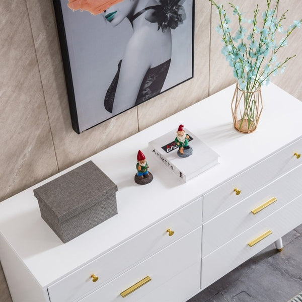 English Elm 55.9 Inch White MDF Six Drawer Dresser with Gold Hardware and Tapered Legs for Bedroom C5863P554009