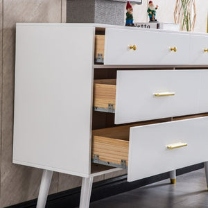 English Elm 55.9 Inch White MDF Six Drawer Dresser with Gold Hardware and Tapered Legs for Bedroom C5863P554009