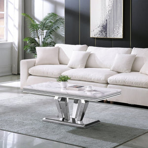 English Elm Printed Marble Top Coffee Table with Mirrored Steel Base for Glam Living Rooms C5863P554010