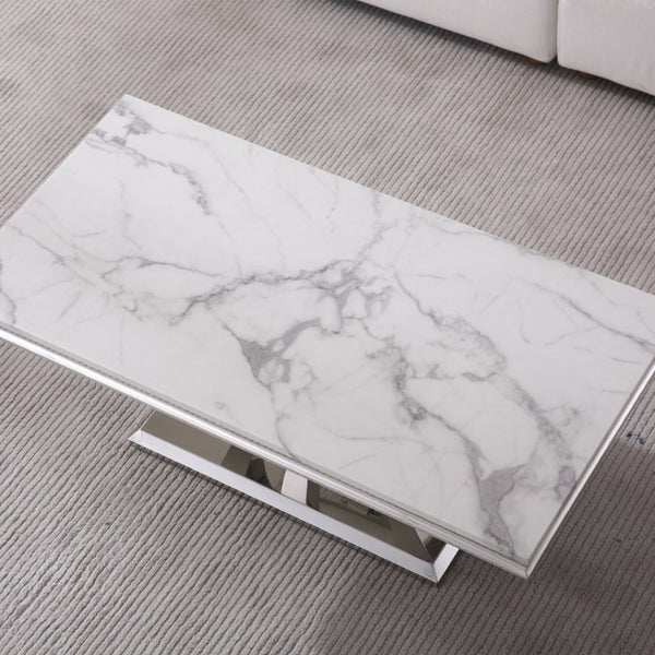 English Elm Printed Marble Top Coffee Table with Mirrored Steel Base for Glam Living Rooms C5863P554010