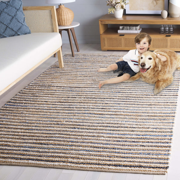 Safavieh Cape Stylish Handwoven Rug - Contemporary Design Meets Traditional Craftsmanship For Timeless Elegance Natural ,Blue 35% Jute,35% Canvas,30% Cotton Cap151m-8