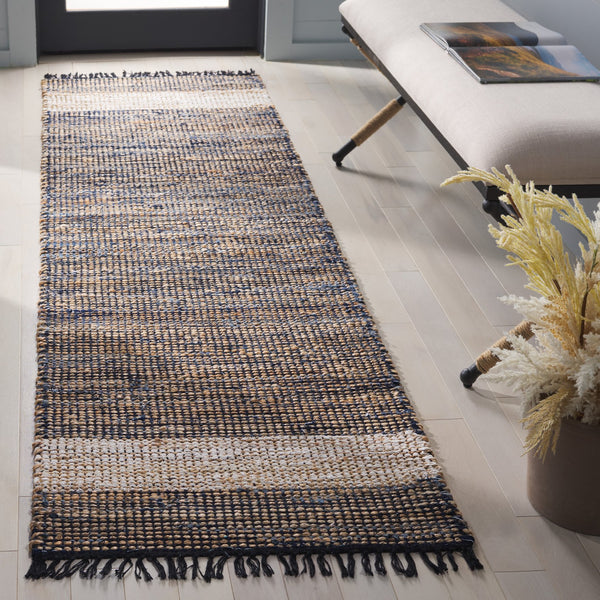 Safavieh Cape Coastal-Boho Handwoven Rug 5X8 Navy Beige Fringe — Low-Profile Denim Jute Cotton Blend Rug 6'-0" x 9'-0" CAP153N-6