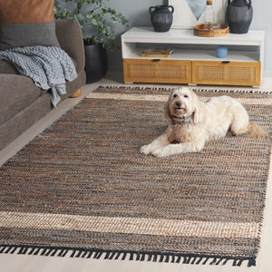 Safavieh Cape Coastal-Boho Handwoven Rug 5X8 Navy Beige Fringe — Low-Profile Denim Jute Cotton Blend Rug 6'-0" x 9'-0" CAP153N-6