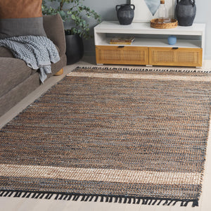 Safavieh Cape Coastal-Boho Handwoven Rug 5X8 Navy Beige Fringe — Low-Profile Denim Jute Cotton Blend Rug 6'-0" x 9'-0" CAP153N-6