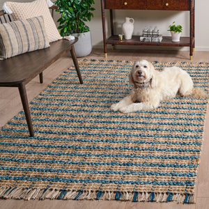 Safavieh Cape Cod 871K Turquoise Natural Hand-Woven Jute Rug 5X7 – Coastal Striped Low-Profile 3/8" Pile CAP871K-57