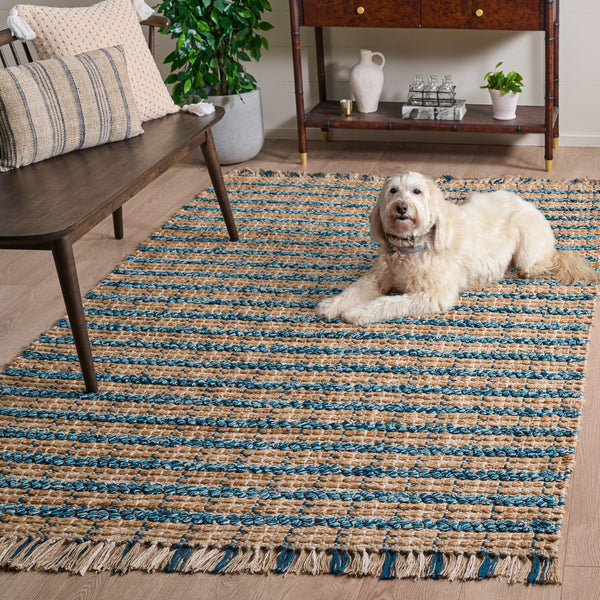Safavieh Cape Cod 871K Turquoise Natural Hand-Woven Jute Rug 5X7 – Coastal Striped Low-Profile 3/8" Pile CAP871K-57