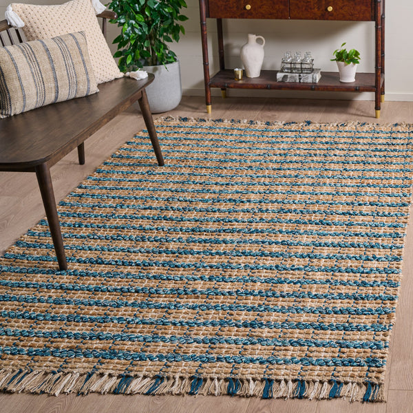Safavieh Cape Cod 871K Turquoise Natural Hand-Woven Jute Rug 5X7 – Coastal Striped Low-Profile 3/8" Pile CAP871K-57