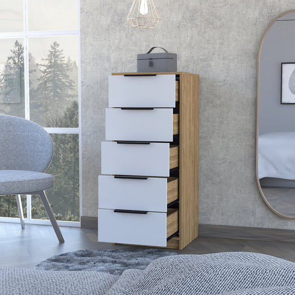 English Elm Kaia Modern 5-Drawer Vertical Dresser in White & Pine Finish, 42" High Slim Storage Solution B20092064