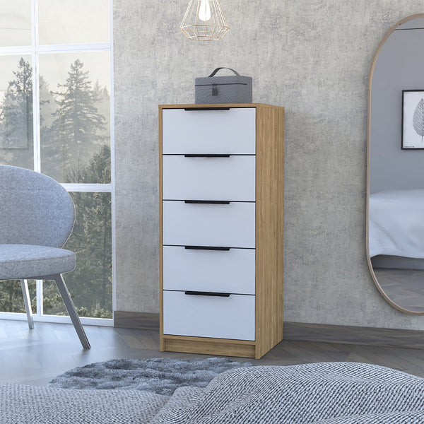 English Elm Kaia Modern 5-Drawer Vertical Dresser in White & Pine Finish, 42" High Slim Storage Solution B20092064