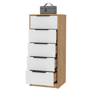 English Elm Kaia Modern 5-Drawer Vertical Dresser in White & Pine Finish, 42" High Slim Storage Solution B20092064