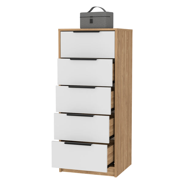 English Elm Kaia Modern 5-Drawer Vertical Dresser in White & Pine Finish, 42" High Slim Storage Solution B20092064