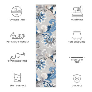 Safavieh Cabana Elegant Grey Blue Runner Rug - Durable, Indoor/Outdoor, Floral Design, 2'2"X13', Timeless Style Grey ,Blue Polypropylene Cbn305f-213