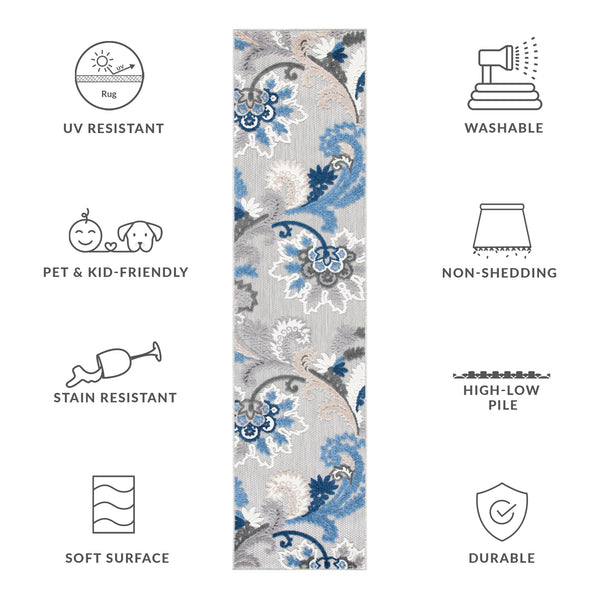 Safavieh Cabana Elegant Grey Blue Runner Rug - Durable, Indoor/Outdoor, Floral Design, 2'2"X13', Timeless Style Grey ,Blue Polypropylene Cbn305f-213