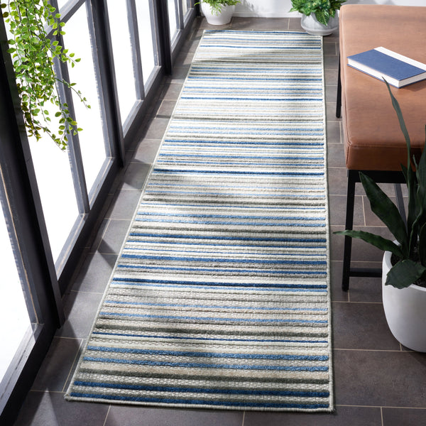 Safavieh Cabana Contemporary Grey And Blue Striped Runner — Durable Power-Loomed Polypropylene, Low-Profile 2'-2" x 13'-0" CBN323F-213