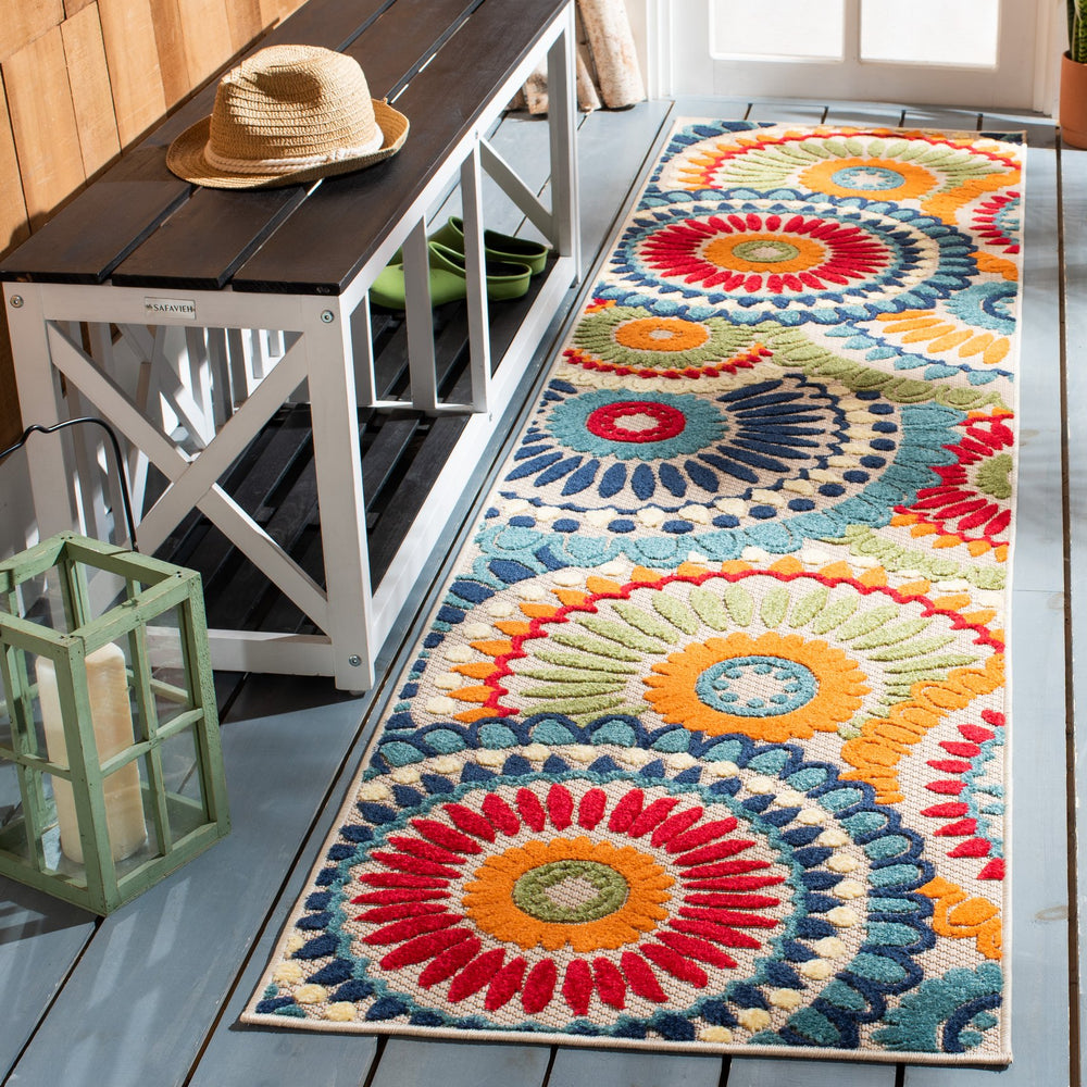 Safavieh Cabana Contemporary Round Blue & Ivory Rug — Power-Loomed, Geometric Boho Design, Durable, Low Pile 9'-0" x 9'-0" CBN382M-9R