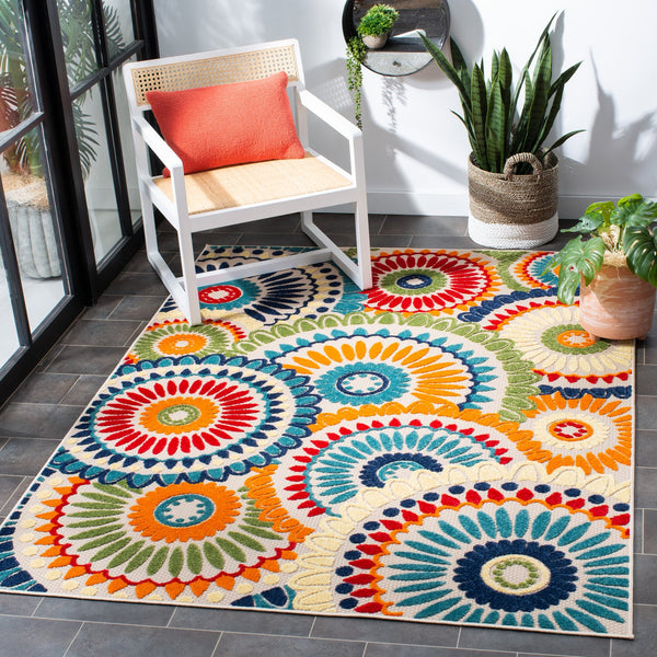 Safavieh Cabana Contemporary Blue And Ivory Area Rug — Power-Loomed Turkey, Stain-Resistant Polypropylene, Low Pile Durable Design For Modern Living Spaces 9'-0" x 9'-0" CBN382M-9SQ