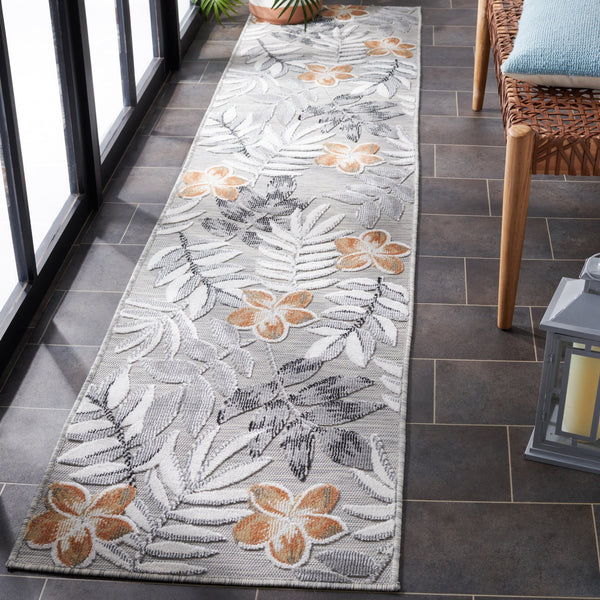 Safavieh Cabana Botanical Grey Ivory Runner With Orange Accents — Durable Indoor/Outdoor Low-Profile Rug 2'-0" x 5'-0" CBN405A-25